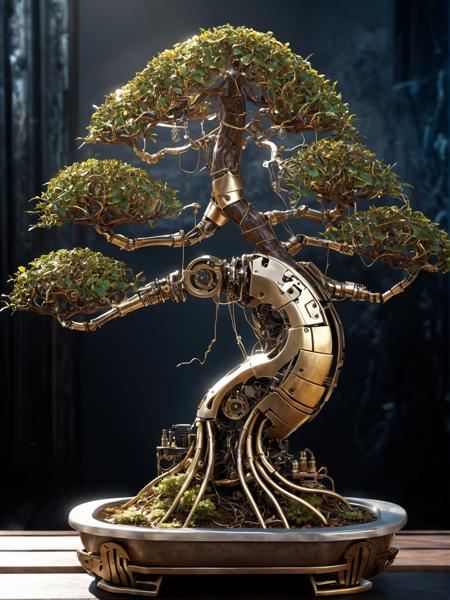 (steampunk bonsai tree:1.2) with cybernetic features, cinematic, cyberpunk elements, amazing detailed, biomorph, organic and mechanical, brass gear elements, flowing energy, bokeh, natural light  <lora:add-detail-xl:0.8>