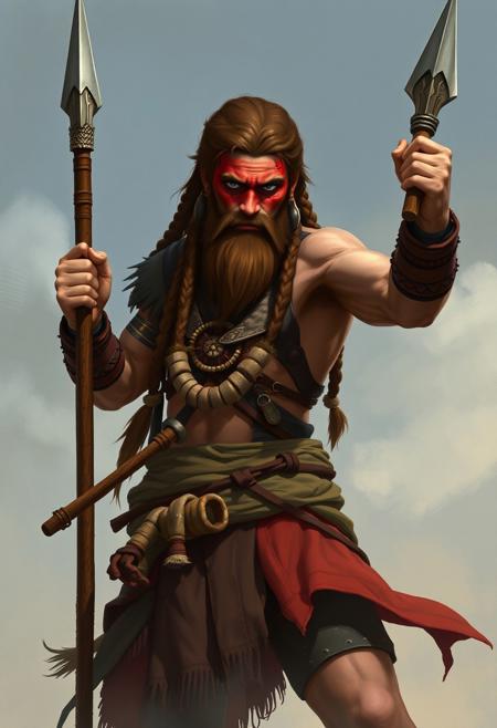 An adventure video Game style artwork featuring a yamnaya warrior, the complete body. He have long Brown hair with braids, long beard, deep blue eyes, and his face is painted in red. He is posing holding a spear