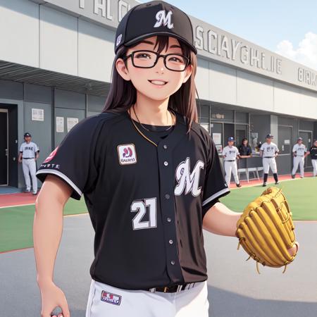 best quality, ultra-detailed, illustration,
chibalotteV, baseball cap, baseball uniform, black shirt,
1girl, solo, glasses, black hair, long hair, standing,  outdoors, street, city, cityscape, happy, laughing, smile, upper body, looking at viewer, 
<lora:Chiba_LOTTE_MARINES_Visitor_uniform_SD15_V1:1>