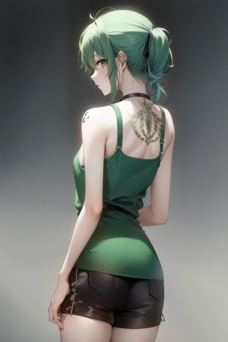 masterpiece, best quality, absurdres, perfect antomy, 1girl, solo, standing, back tattoo, back, green hair, tank top, shorts