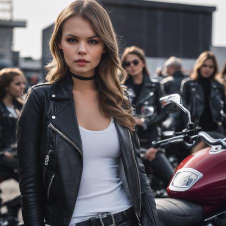 anastasia_shcheglova, <lora:AnastasiaShcheglovaXL:1>,biker girl, in a biker club, hells angels, leather pants, leather jacket, leather vest, ((turtleneck)) sweater, choker, motorcycles, female biker gang in background