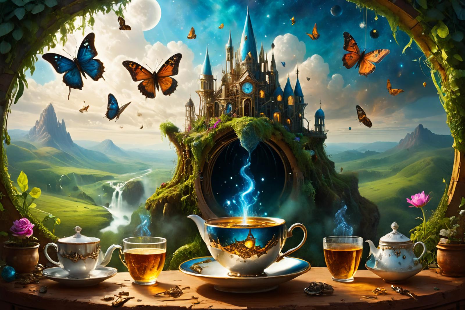 A fantasy painting of a castle with butterflies and a steaming mug of tea.