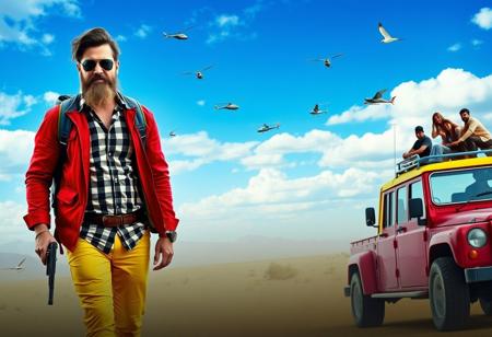 The image shows a man with a long beard and sunglasses walking in a desert-like landscape. He is wearing a red jacket, yellow pants, and a black and white checkered shirt. He has a backpack on his back and is holding a gun in his right hand. In the background, there are several helicopters flying in the sky. On the right side of the image, there is a red car with a yellow roof and a group of people on top. The sky is blue with white clouds and there are a few birds flying around. The overall mood of the scene is adventurous and adventurous.