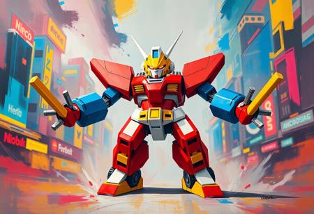 A powerfully expressive, surreal painting of the Robot Buster Destruction Sword, centrally located with abundant surrounding space, embodying vivid emotions and a joyful impact. Predominantly red and white with striking blue and yellow accents, its red body, white head and arms, blue legs with yellow feet, and white head with a yellow visor are rendered with artistic flair, influenced by Raphael Style and Houdini Style. Its outstretched arms, equipped with black wheels, and slightly bent limbs, convey a dynamic, ready-to-move stance and a powerful message. The vibrant Virtual World City background is abstract and multi-colored, with stunning colors and harmonious hues creating an attractive, almost dreamlike backdrop. High-res, exceptional quality, super detailed visor and form. Captivating lighting casts a unique glow. Impeccable composition, creative angle, balanced editing, intentional focus, no discernible text. Golden Ratio.