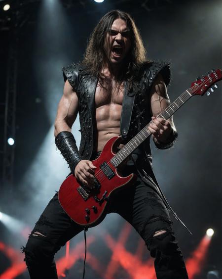 score_9, score_8_up, score_7_up,  (full body view:1.3),  (1man, heavy metal guitarist, long hair), standing on a stage, (monster face, blood, thorns in background), ziprealism, real skin, ray tracing, detail shadow, shot on Fujifilm X-T4,85mm f1.2,sharp focus, <lora:add-detail-xl:1>