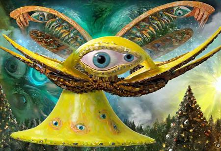 p1c4ss0, 1908 Dryad, seraphins, mystical creature with hundreds of eyes and wings, roswell alien with yellow christmas hat, delivering presents with santa riding a ufo sleigh, intricate complexity, surreal horror, inverted neon yellow drip paint,