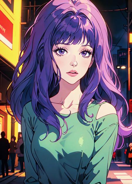 <lora:belladonnasized:0.6> 1girl, jeannabelladonna, solo, bangs, purple hair, street, portrait, (masterpiece, best quality:1.2), award winning, masterpiece, vibrant, volumetric lighting