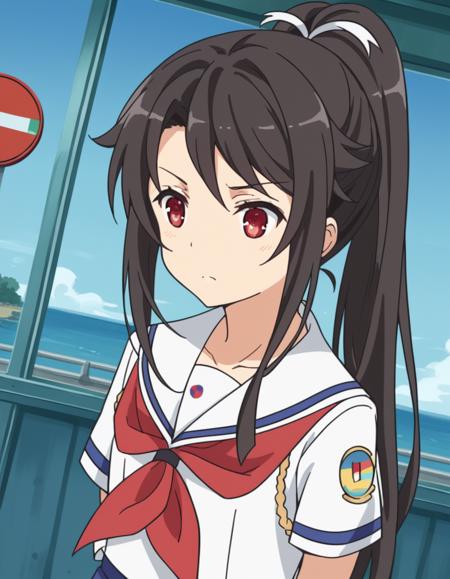 mashiro munetani, long hair, black hair, red eyes, hair ribbon, ponytail, skirt, ribbon, school uniform, short sleeves, pleated skirt, serafuku, blue skirt, neckerchief, red neckerchief,