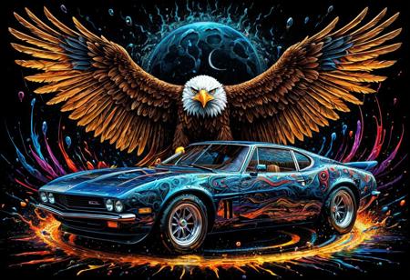 Finely detailed vector illustration, classical sports car, american eagle, symbiosis, ultra realistic quality, circle symbol, black background, hyperdetailed, intricately detailed,  triadic colors,fantastical,intricate detail,splash screen,complementary colors, fantasy concept art, 8k resolution, masterpiece, oil painting, thick strokes, rich strokes, running drops,