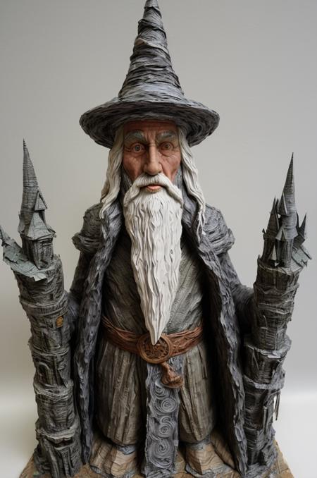 paper mache representation of an old wizard, in mountain, amazing details, full of life, 3D, sculptural, textured, handmade, vibrant, fun