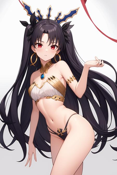 ishtar,ishtar \(fate\),long hair,jewelry,red eyes,earrings,two side up,hoop earrings,black hair,bare shoulders,single thighhigh,bangs,armlet,ribbon,parted bangs,