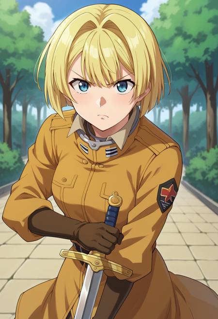 alicelmalvin , blonde hair , blue eyes, short hair, gloves,uniform ,military uniform,military, hair bun,single hair bun ,dress,yellow dress,cleavage,gloves,choker,elbow gloves,