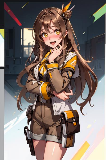 cowboy shot, standing, blush, smiling, (embarrassed:1.2), open mouth, looking at viewer, tia, long hair, brown hair, yellow eyes, jacket, shoes, brown shorts, hair ornament, grasslands background, pen in hair, <lora:TiaERLora-02:0.9>, <lyco:GoodHands-beta2:1>,  <lora:beautiful_detailed_eyes:0.8>