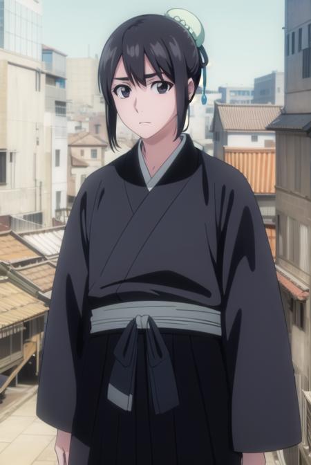 momohinamori, <lora:momohinamoriv2-lora-nochekaiser:1>,
momo hinamori, black hair, hair bun, single hair bun, bun cover, short hair, (black eyes:1.5),
BREAK long sleeves, japanese clothes, kimono, haori, black kimono, hakama, black hakama,
BREAK outdoors,
BREAK looking at viewer, (cowboy shot:1.5),
BREAK <lyco:GoodHands-beta2:1>, (masterpiece:1.2), best quality, high resolution, unity 8k wallpaper, (illustration:0.8), (beautiful detailed eyes:1.6), extremely detailed face, perfect lighting, extremely detailed CG, (perfect hands, perfect anatomy),