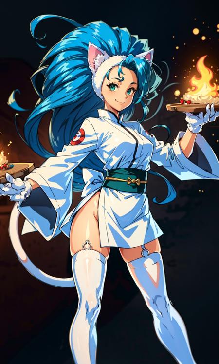 Felicia, 1girl, felicia (vampire), solo, animal ears, animal hands, tail, cat ears, blue hair, big hair, long hair, cat tail, breasts, claws, open mouth, hand on hip, fangs, full body, large breasts, fur, standing, signature, navel, cat girl, green eyes, mature woman