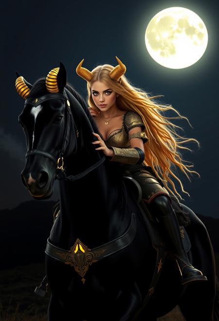 Latina girl, semi pointy ears, golden hair, gold eyes, golden eyes, golden curled horns pointing down, golden horns, dreadlocks, lots of hair, golden dreadlocks, full moon in background, moon shining light on girl, dark background, girl and horse on top of a hill, 
BREAK, 
Dramatic lighting, girl riding black horse, black horse with armor, horse has glowing gold eyes, horse on back 2 legs girl on horses back, girl has gold eyes, horse trotting, girl holding reins,
BREAK,
huge natural tits, sparkling gold bra, girl has skimpy gold armor, horse on hind legs, mystical look
BREAK,
big natural boobs, beautiful face, massive tits, thin waist big ass, massive realistic boobs