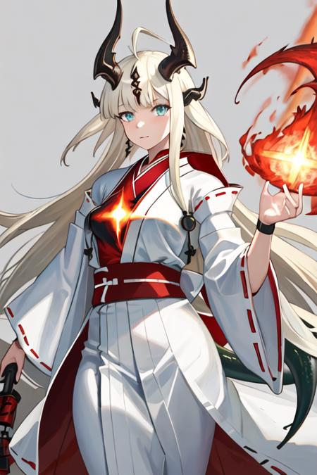 best quality, masterpiece, highres, solo, {white kimono:1.35}, {red hakama:1.35}, {wide sleeves:1.20}, {reed_arknights:1.15}, horns, long_hair, dragon_horns, ahoge, bangs, blonde_hair, upper_body, blue_eyes, tail, breasts, white_hair, green_eyes