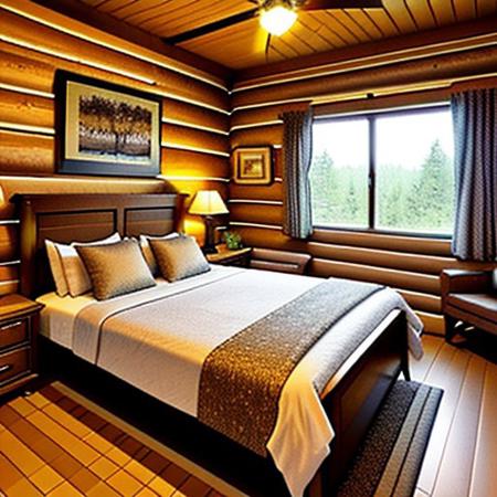 comfortable log cabin bedroom, masculine