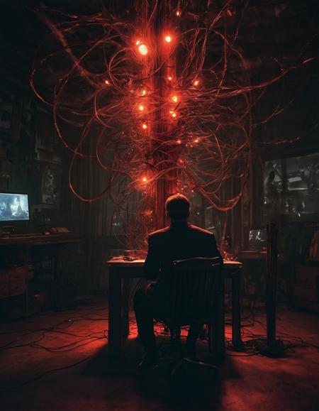 Film noir style a computer generated image of a red and yellow object with wires and lights in the center of it,a computer rendering,concept art,<lora:Abstract Concept-glowing:0.4>,concept art,glowing,,concept art,glowing,David Firth,, with a man sitting in the background,<lora:CB-Fantasy-000008:1>, Charlie Bowater, a detailed painting, dizzy \(guilty gear\), . Monochrome, high contrast, dramatic shadows, 1940s style, mysterious, cinematic