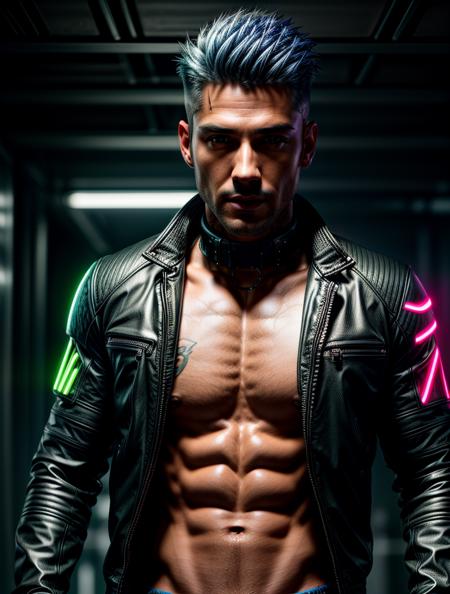 full body portrait of a photorealistic handsome cyberpunk guy, with silver hair, six-pack abs, strong, neon lighting, cybernetic tech implants, black leather glowing tech jacket with neon collar, glowing (((tattoos))), ripped leather pants, detailed face, full body, fog, smokey neon tech cyberpunk bar, (best quality, masterpiece)), dramatic camera shot, RAW footage, 8K, diffuse lighting, raytraced light, speckle highlights, ambient light, absurd res, (extremely detailed:1.3), highest res, color grading, focused, color correction, masterpiece, best quality, 8k, ((wide angle)), HDR, bloom, Photorealistic, dramatic, (Insane skin detail), (photorealistic skin:1.2), (high skin detail:1.2), extremely detailed, Intricate, High Detail, ((full body, head to boots)),   <lora:more_details:1.5> <lora:wowifierV3:.6>