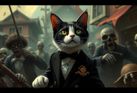 In the heart of the chaotic French Indochinese Revolution, a tuxedo cat named Cole leads a brave squad of time-traveling felines. These extraordinary cats possess the ability to slip through time and space, aiming to restore the historical timeline that threatens to collapse into a zombie apocalypse. As they leap through the years, Cole discovers that an evil sorcerer, once a human turned undead by his insatiable lust for power, has unleashed a plague of the undead on the rebels.
With the fate of history hanging in the balance, Cole and his squad gather allies from the past, including a feisty Vietnamese farmer and a revolutionary poet. Together, they must confront the sorcerer and his horde, armed only with their courage and a bag of enchanted catnip.
Just as victory seems within reach, a shocking twist unfolds: the sorcerer was Cole's long-lost feline ancestor, ensnared by the very power he sought to control. In a race against time, Cole must reconcile his past to save the future, uniting both man and cat against the rising tide of darkness.