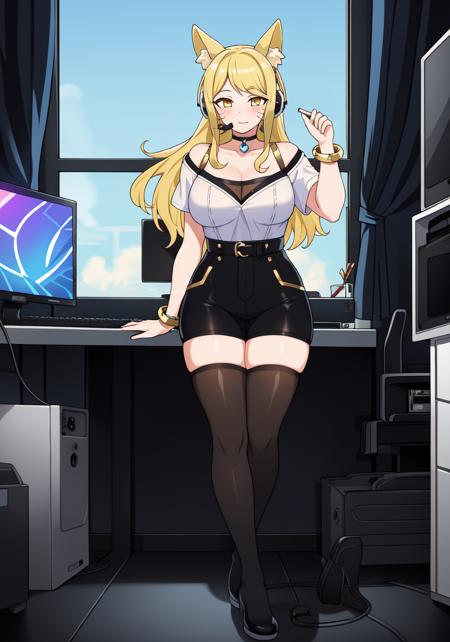 ((masterpiece)), (best quality:1.7), (detailed:1.4), (high res:1.4), 8k, (colorful:1.5), 2d, high resolution, sharped image, 4k, hd, kda_ahri_league, 1girl, (((solo))), (((blonde hair))), yellow eyes, long hair, full body, cleavage, ((curvy body)), kinky hair, curly hair, medium breasts, headset, choker, thighhighs, black thighhighs, animal ears, fox ears, jewelry, bare shoulder, short sleeves, white shirt, black short, facial marks, whisker markings, idol, jewelry, bracelet, black boots, ((idol)), bedroom, computer, gaming computer, rgb lights, night, city, window, multiple rgb lights, neon, cyberpunk city, sitting, in front a computer, ((looking at computer)), ((peace symbol)), <lora:kdahri_league:0.5>, <lora:thickerLinesanimeStyle:0.6>