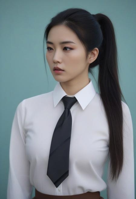 a stunning real medium breasts Korean woman with long, flowing dark hair, her piercing gaze directly addressing the viewer. score_9, score_8_up, score_7_up, 4k, high quality, (best quality:1.1), realistic, photorealistic, close-up, upper body, (ultra HD quality details), High Fashion, A highly detailed, realistic digital photo of a Korean woman 28yo with a pale complexion, emphasizing her enigmatic and mystical aura,, high resolution, rich textures, and contemplative mood. Her eyes are a deep piercing and brown, dynamic, dramatic, haute couture, elegant, ornate clothing, dark straight hair with a few loose strands framing her face, against a cyan gradient background, Realistic photograph, Movie light, film grain, skirt, necktie, shirt, blurry background, white shirt, blurry, black hair, outdoors, black necktie, grey skirt, collared shirt, ponytail, shirt tucked in, pencil skirt, long sleeves, arm up, lips, long hair, brown eyes, brown hair,