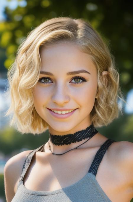 photo of a young teen girl, ((very short hair, wavy blonde hair)), proxy-3000, dynamic posture, slender physique, big smile , (extremely detailed:1.3), (textured skin:1.3), (slutty makeup:1.3), petite, lipstick, (detailed eyes), highres, realistic lighting, cat ears, freckles, choker, (sexy clothes:1.2), (background in public park:1.2), (sunny:1.3), (tribal tattoo:1.3),