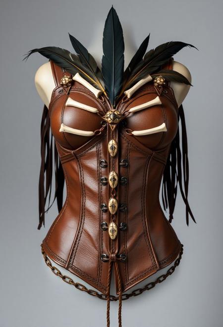 Front view, detail of female african warrior tribal corset ornamented with bones and feathers, brown leather corset, neutral grey background, photography studio style