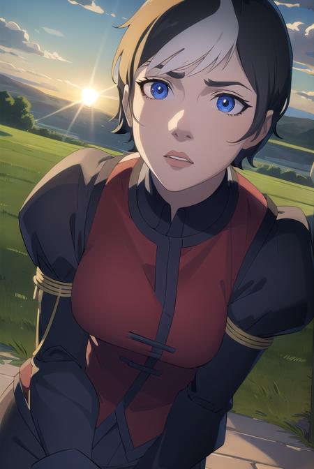 cassandraderolo, <lora:cassandra de rolo-lora-nochekaiser:1>,
cassandra de rolo, short hair, blue eyes, black hair, white hair, multicolored hair, two-tone hair,
BREAK gloves, black gloves, pants, puffy sleeves, long sleeves, shirt, red shirt, high collar,
BREAK outdoors, forest, nature, grass, trees, sun, sky, clouds,
BREAK looking at viewer, (cowboy shot:1.5),
BREAK <lyco:GoodHands-beta2:1>, (masterpiece:1.2), best quality, high resolution, unity 8k wallpaper, (illustration:0.8), (beautiful detailed eyes:1.6), extremely detailed face, perfect lighting, extremely detailed CG, (perfect hands, perfect anatomy),