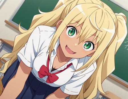 hibiki sakura, long hair, blonde hair, hair between eyes, twintails, green eyes, fang, dark skin, dark-skinned female, gyaru, skirt, shirt, bow, school uniform, white shirt, short sleeves, collared shirt, bowtie, red bow, red bowtie, shirt, cleavage, bare shoulders, collarbone, shorts, black shirt, short shorts, tank top, red shorts, black tank top,