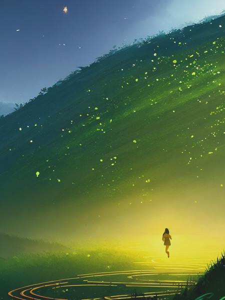 <lyco:PascalCampion:1.0> a girl runs through a green labyrinth in the fog in search of a way out of it at dusk, gold, blue from Pascal Campion