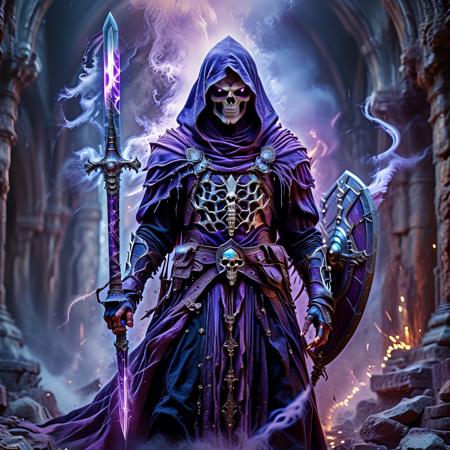 A skeletal warrior draped in a tattered black cloak and hood, wielding a cracked sword and a weathered shield, surrounded by flickering, sickening violet smoke and an ominous arcane aura, standing in the ruins of a shattered cathedral. Digital painting, highly detailed, rich in depth and atmosphere, dark fantasy style, cinematic lighting, intricate textures, 3D rendering feel, masterpiece quality.