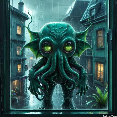 lazypos,
tearStyle2,
An anthropomorphic cybernetic cthulhu looking through the window of his home in a cyberpunk city, raining, wet glass, highly detailed, cute, kawaii,
