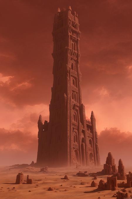 crumbling tower in the middle of a vast desert, half-buried under the sands, red glowing sky, sandstorm approaching in the distance, ancient magic symbols carved into stone, fantasy RPG vibe, high detail, cinematic scale, Lineage 2 inspired fantasy setting