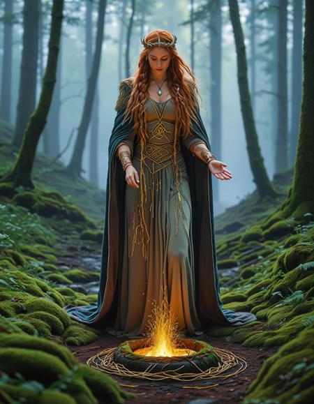 freyja, auburn hair, braided hair, magic, forest, viking queen, mythic beauty, <lora:NBN-Freyja_NordicByNature:0.8>, <lora:NordicByNature:0.8>,Runestone Carver, A nbn-freyja chiseling sacred runes into a towering stone, her weathered hands covered in dust as she works in the misty Nordic wilderness.,low light, soft natural light, Rembrandt style light, Hasselblad DLSR camera, 200mm Zeiss lens, f/2.8, clear focus, high resolution image, ,Sexy pose, erotic pose, exhibitionism, ,waterfall
