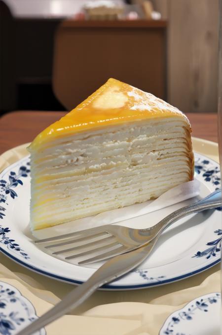 millecrape, food, blurry, plate, food focus, cake, still life, dessert, depth of field, blurry background, realistic, spoon, cup, pastry, cake slice, table, depth of field