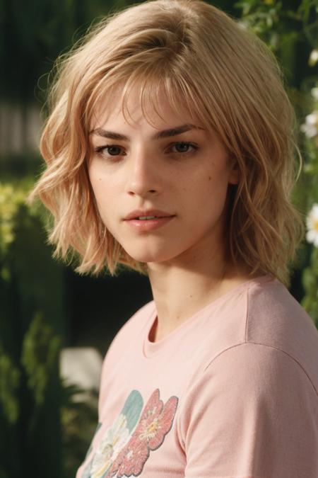 headshot, a woman in a pink tee standing at the garden, soft colors, bokeh, masterpiece, high quality, (high detailed skin:1.1)
 <lora:cassandra_anderson_dredd_lora_v01:0.85> and3r5on