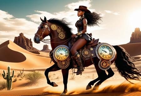 Beautiful African Steampunk Cowgirl Wearing a Cowgirl Steampunk Clothing is Riding her Steampunk Horse in the Wild West Steampunk Desert Steampunk Cactus Clocks Gears abstract vector fractal, wave function, Zentangle, 3d shading