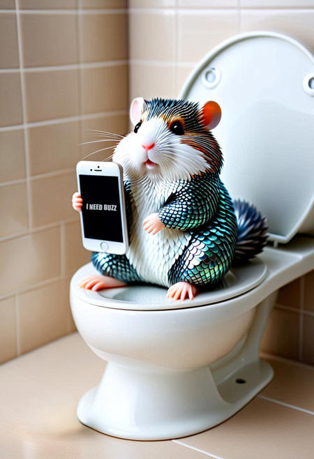 scaleboundsdxl, hamster made of scales sitting on toilet, holding a phone