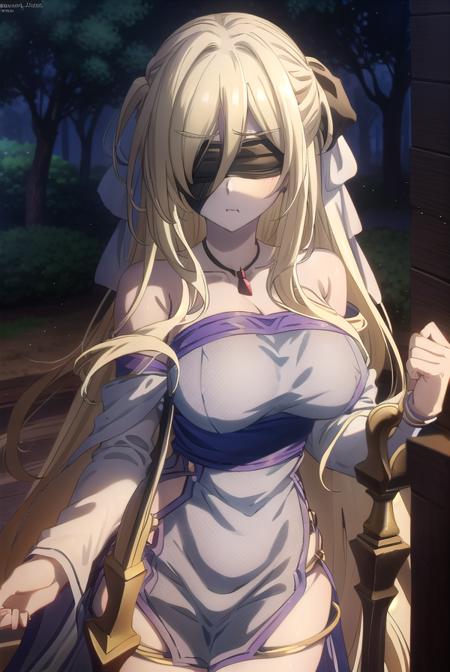 swordmaiden, <lora:sword maiden s2-lora-nochekaiser:1>,
sword maiden, long hair, bangs, blonde hair, blindfold, (covered eyes:1.2), black blindfold, (large breasts:1.2), <lora:SadMadFaces:0.8>, pout, pouting, puffy cheeks,
BREAK dress, jewelry, necklace, white dress, bare shoulders, collarbone,
BREAK outdoors, forest, nature, night, night sky, starry sky, moon,
BREAK looking at viewer, (cowboy shot:1.5),
BREAK <lyco:GoodHands-beta2:1>, (masterpiece:1.2), best quality, high resolution, unity 8k wallpaper, (illustration:0.8), (beautiful detailed eyes:1.6), extremely detailed face, perfect lighting, extremely detailed CG, (perfect hands, perfect anatomy),