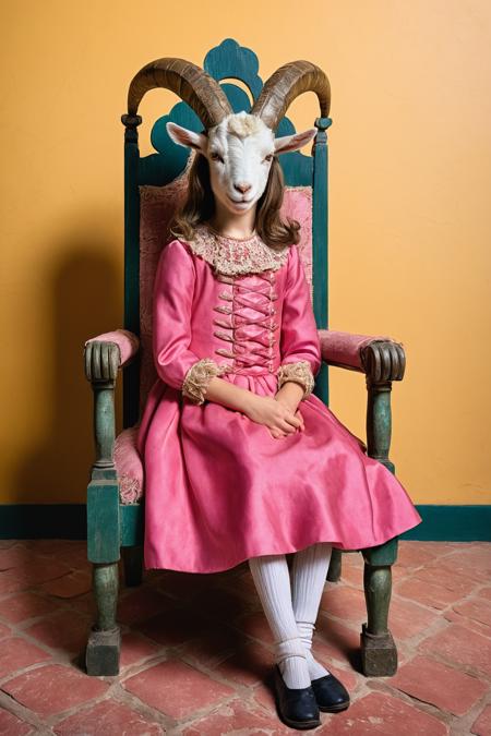 fine art photography,  a girl with goat head with pink dress dress,  baroness,  nobilecore,  from 1800s,  ancient,  on a throne,<lora:EMS-57135-EMS:0.800000>