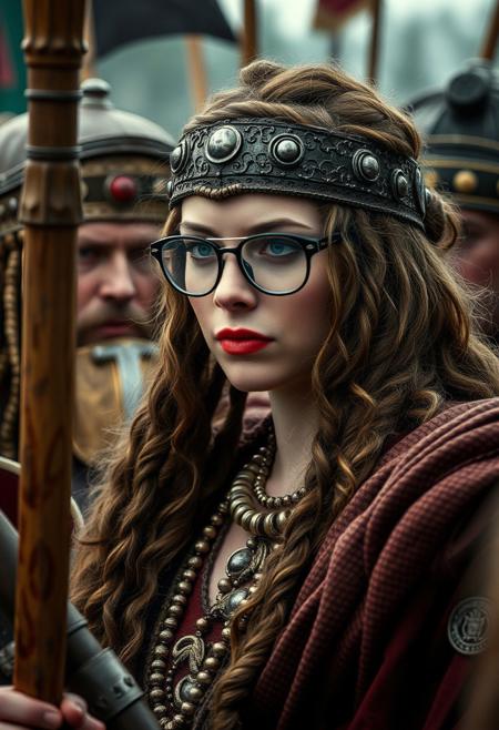 The famous revolt of the Iceni tribe, led by Queen Boudica, (red lips, glasses) challenges Roman authority, 
ultra quality, ultra detailed, intricate details, 8k, ultrarealistic, masterpiece, 35mm photograph, film,  professional, 4k, highly detailed, masterpiece, award-winning, professional, highly detailed. Dark, lit,    designer,  picturesque, lavish, RAW candid cinema, 16mm, color graded portra 400 film, remarkable color, ultra realistic,