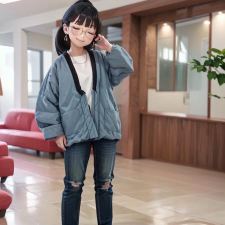 best quality, ultra-detailed, illustration,
hanten, 1girl, glasses, jewelry, earrings, pants, shirt, closed eyes, jeans, denim, white shirt, standing, black hair, ponytail, long sleeves, blue pants, smile looking at viewer, 
 <lora:JAPAN_Hanten_SD15_V1:0.8>