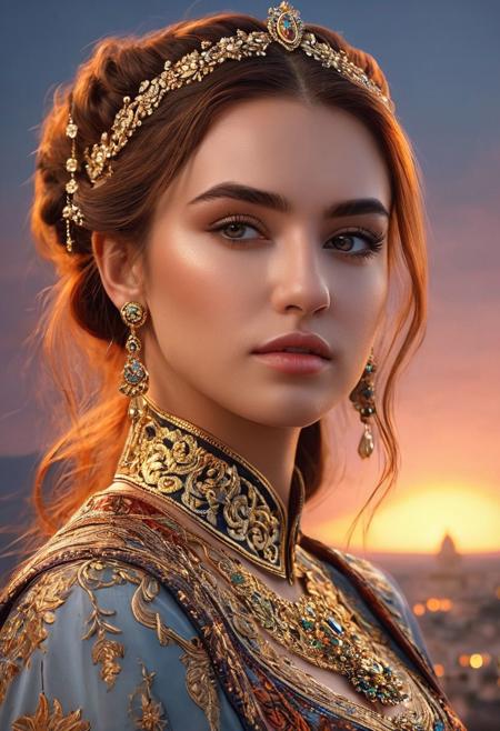 3d, 
htylth, 
Super beautiful, 
hyper realistic woman,  
perfect detailed face, 
detailed eyes, 
beautiful long hair, 
Sky eye color and super focus, 
from the best photographers, 
Best painting style, 
original, 
fashionable dress from the best designers, 
kurtier jewelry from the best jewelers, 
beautiful double composition, 
against the background of a heavenly sunset, 
fantasy art, 
ultra-details, 
hyperrealism, 
Sicilian style, 
bokeh and shimmering dust, 
impeccable lines, 
high-precision details, 
a masterpiece of developed civilization, 
in the center, 
symmetry, 
painted, 
intricate, 
three-dimensional lighting, 
beautiful, 
rich masterpiece of deep colors, 
this is a fascinating visual art. Each object serves as a unique element of art, 
giving it an exotic look, 
the dress will be a unique thing that attracts attention and gives a touch of natural luxury and mystery., 
professional sinister concept art, 
from artgerm and Greg rutkowski, 
intricate, 
elegant, 
very detailed digital painting, 
concept art, 
sharp focus, 
ultra-detailed, 
in the style of Dan Mumford and Mark Simonetti, 
astrophotography, 
8k, 
art digital, 
al, 
glossy magazine.