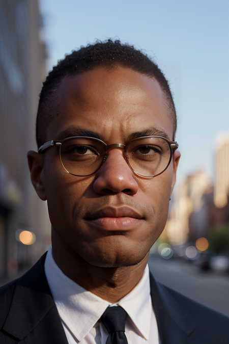 MalcolmX, photography by (Rodney Smith:1.3), ((upper body focus, shoulders)), modelshoot, pose, (dark business suit, jacket, white shirt, skinny tie, facing viewer, busy Manhattan sidewalk, looking at viewer, blurry background, bokeh, ID photo:1.3), serious look, eyeglasses