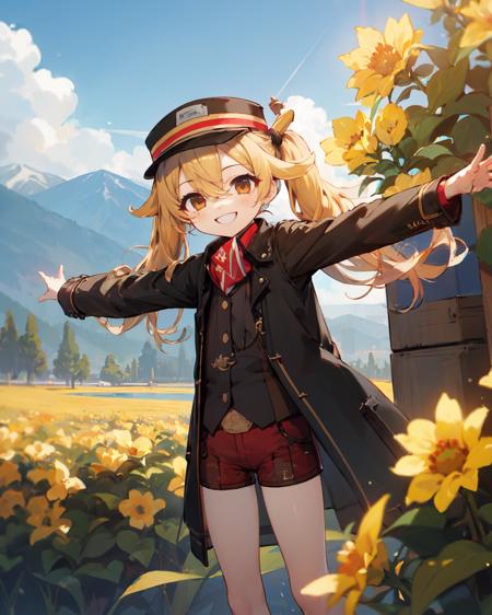 aoliwei \(zhifu\), 1girl, solo, twintails,long hair,jacket, hat,outdoor,shirt,red shorts,looking at viewer,smile,blue sky,yellow flower, There are mountains in the distance,(Eye highlight),spread arms