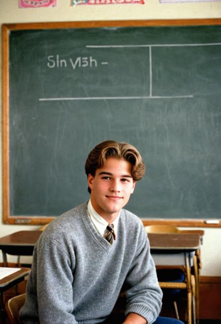 1man, typical american teen 90's, 1990's school, retro classroom decor, old-school chalkboards, filmic grainy, soft focus,