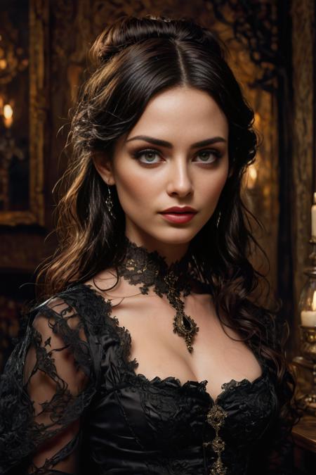 Face and Skin: Morgana has a fair complexion. Her face is characterized by a slightly angular jawline and high cheekbones.
Hair: She sports long, dark brown hair styled in loose waves. Her hair often falls around her shoulders, giving her a dramatic and somewhat mysterious look.
Body: Slender, sleek and elegant.
Eyes: Morgana's eyes are a deep, expressive brown, and they often have a slightly intense or thoughtful expression.
Eyebrows: Her eyebrows are well-defined and slightly arched, which accentuates her eye shape and adds to her overall dramatic appearance.
Clothing: Morgana's attire often consists of stylish and somewhat Gothic or Victorian-inspired clothing. She is typically seen wearing a dark-colored dress, which could include elements like lace or intricate patterns. She favors a look that combines elegance with a touch of edginess.
Accessories: She might wear subtle but stylish accessories that complement her outfit, such as a necklace or earrings.
Overall Style: Morgana has a refined, sophisticated style that leans towards the dramatic. Her look reflects a blend of elegance and mystery, fitting her character's background and personality. 8K <lora:SDXLFaeTastic2400:1>