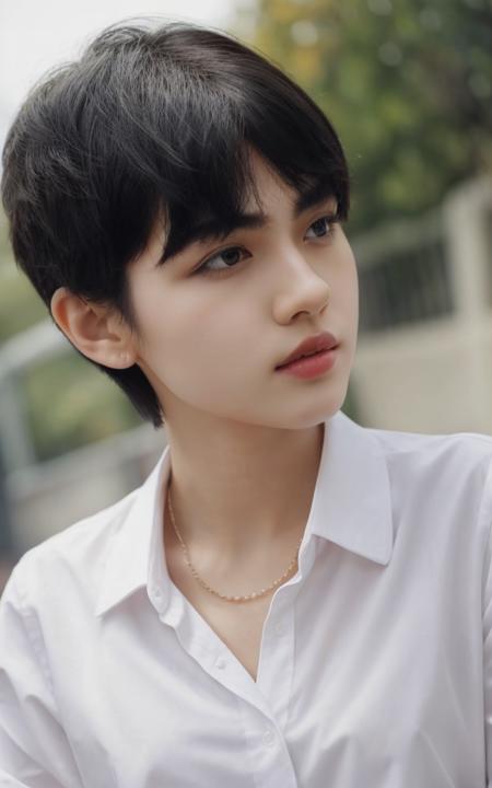 1girl, solo, looking at viewer, short hair, black hair,  shirt, upper body,  black hair, jewelry, white shirt, lips, outdoors,  
<lora:hasselblad_portrait_v1:0.6>